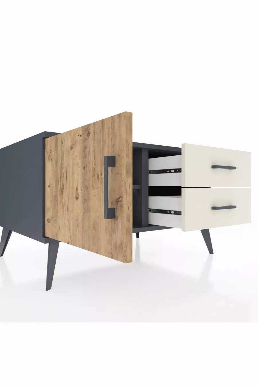 Commode Kronos à une étagère, 2 tiroirs et une porte, Anthracite-Sapin/Gris pierre