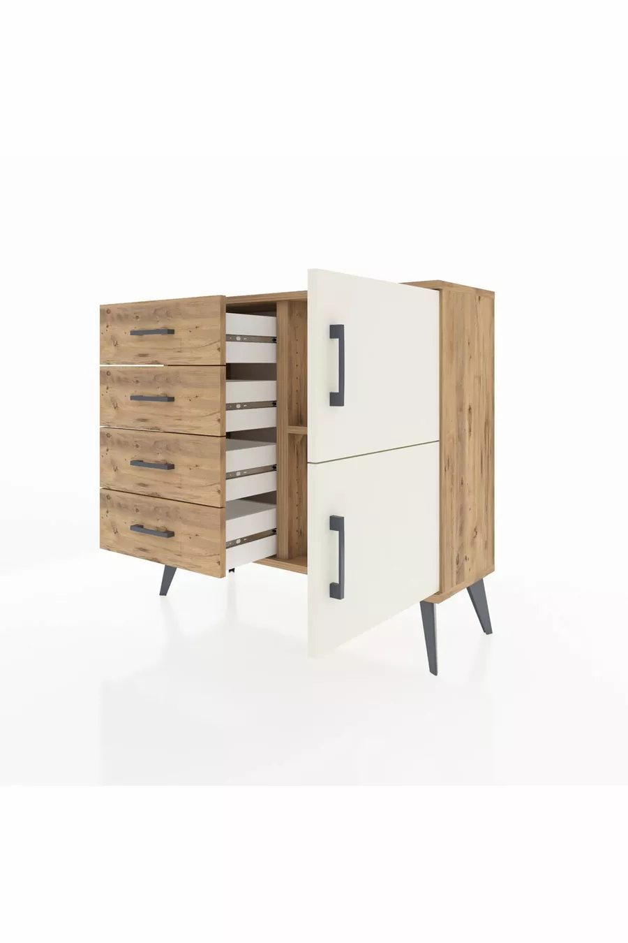 Commode Arges avec une seule étagère, 4 tiroirs et 2 portes, Pin-Pierre d'argile/Pin