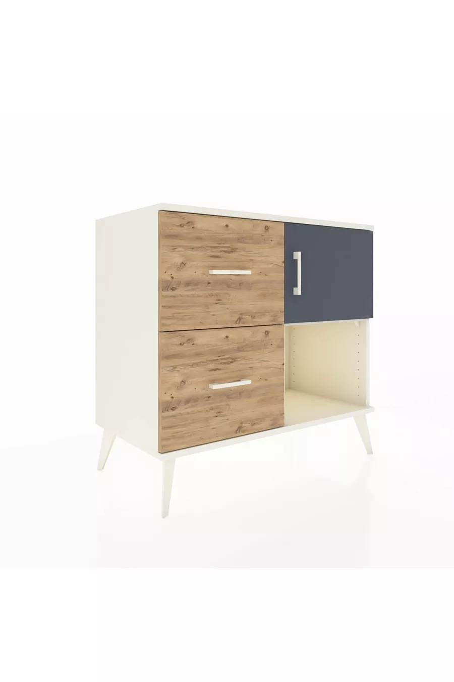 Commode Hyperion avec une seule étagère, 2 tiroirs et une porte, Pierre de Lune-Anthracite/Pin