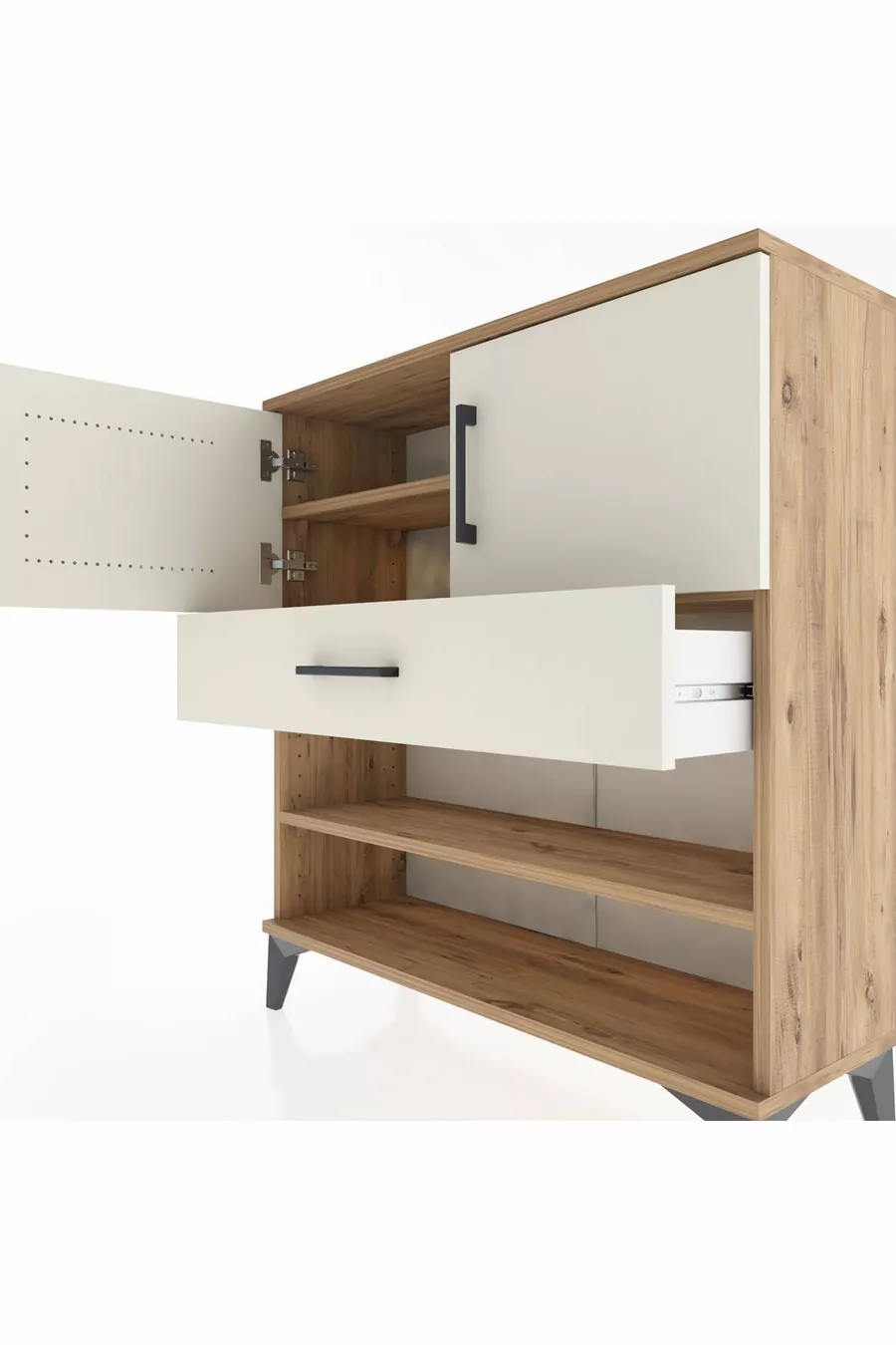 Commode Arges avec 3 étagères, 1 tiroir et 2 portes, en pin-pierre d'ardoise