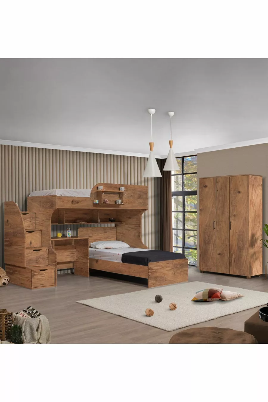 Lit superposé, Lit Aura avec bureau et armoire 3 portes, Noyer foncé