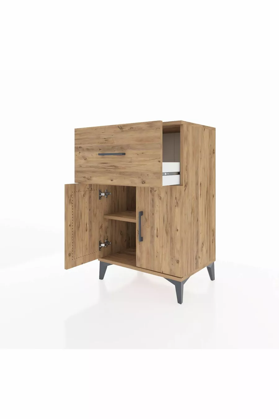 Chevet Hyperion avec une étagère simple, un tiroir et deux portes, en pin