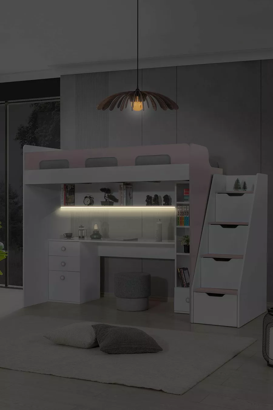 Lits superposés, lit-bureau-bibliothèque Troya - Rose 1 matelas Comfort