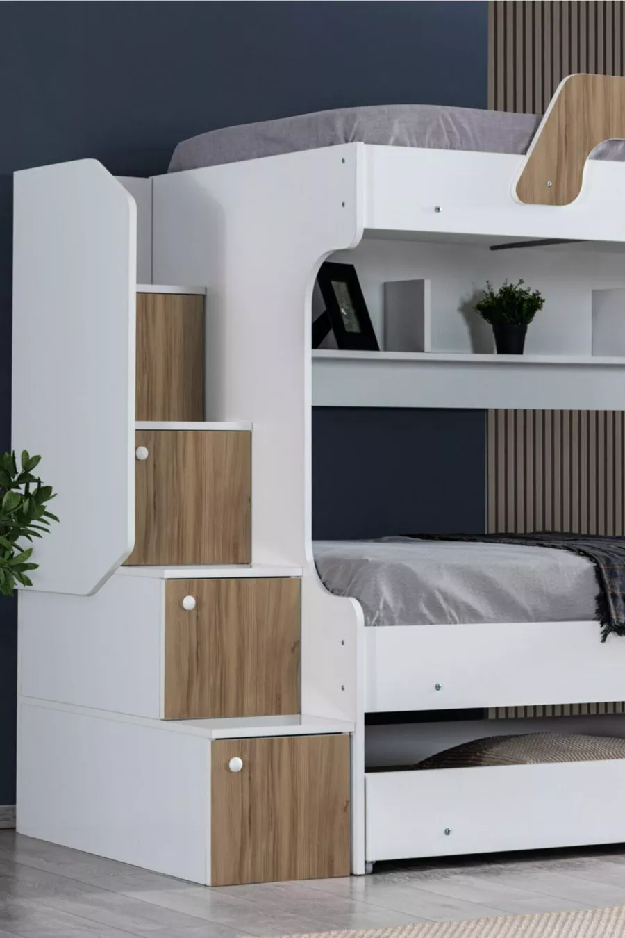 Lits superposés, Lit superposé pour enfants Inci avec lit gigogne en noyer, lot de 3 matelas confort
