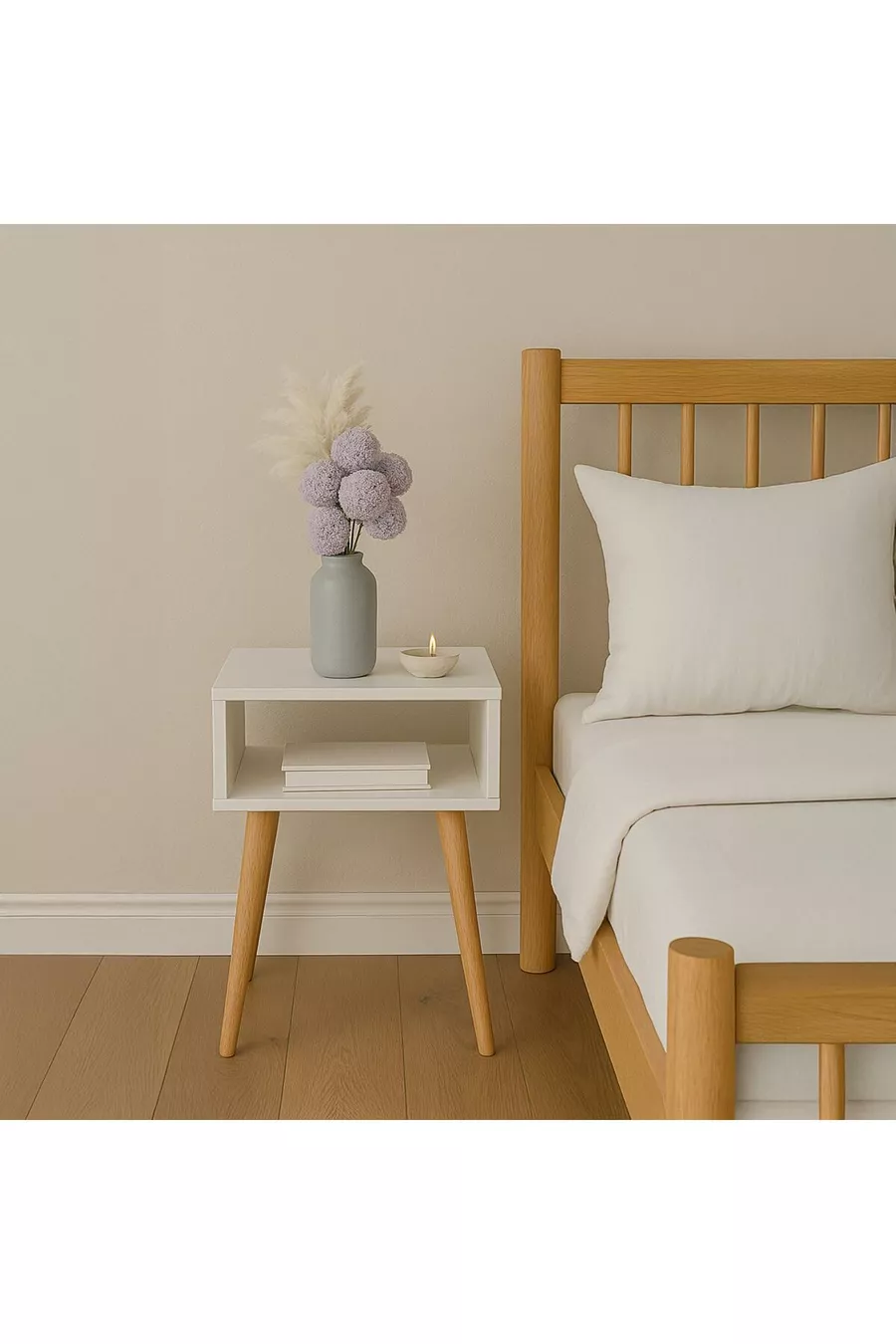 Table de chevet blanche à une étagère, en bois massif avec pied tourné cm