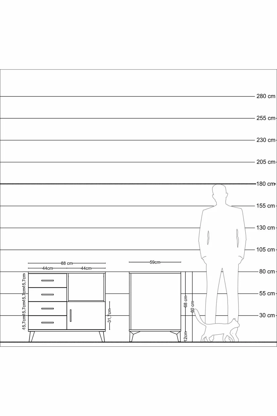 Commode Kronos à une étagère, 4 tiroirs et une porte, Pin-Pin/Anthracite