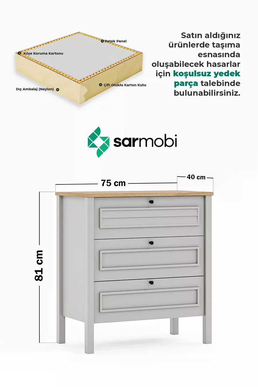 Commode Taiga 3 tiroirs, linge de lit Chambre à coucher Chambre de bébé Gris