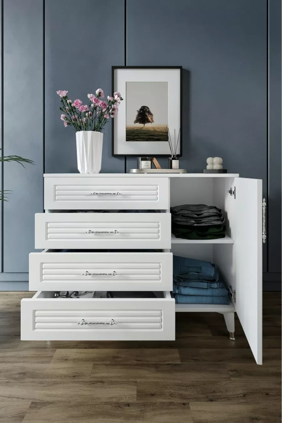Commode moderne à 4 tiroirs avec volets et 1 porte, design moderne, porte en MDF, blanc argenté