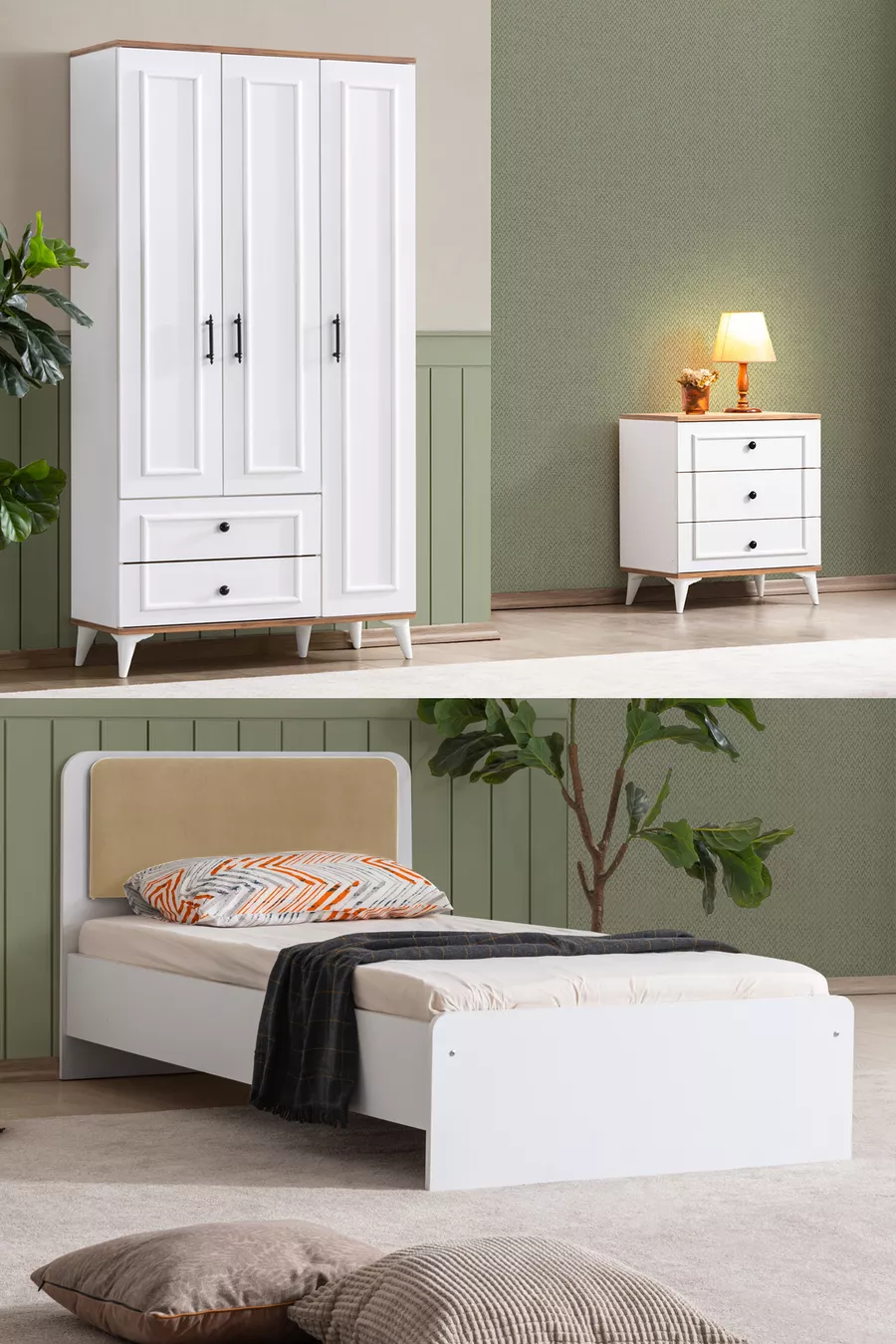 Chambre d'enfant Linda - Armoire 3 portes, Lit, Commode