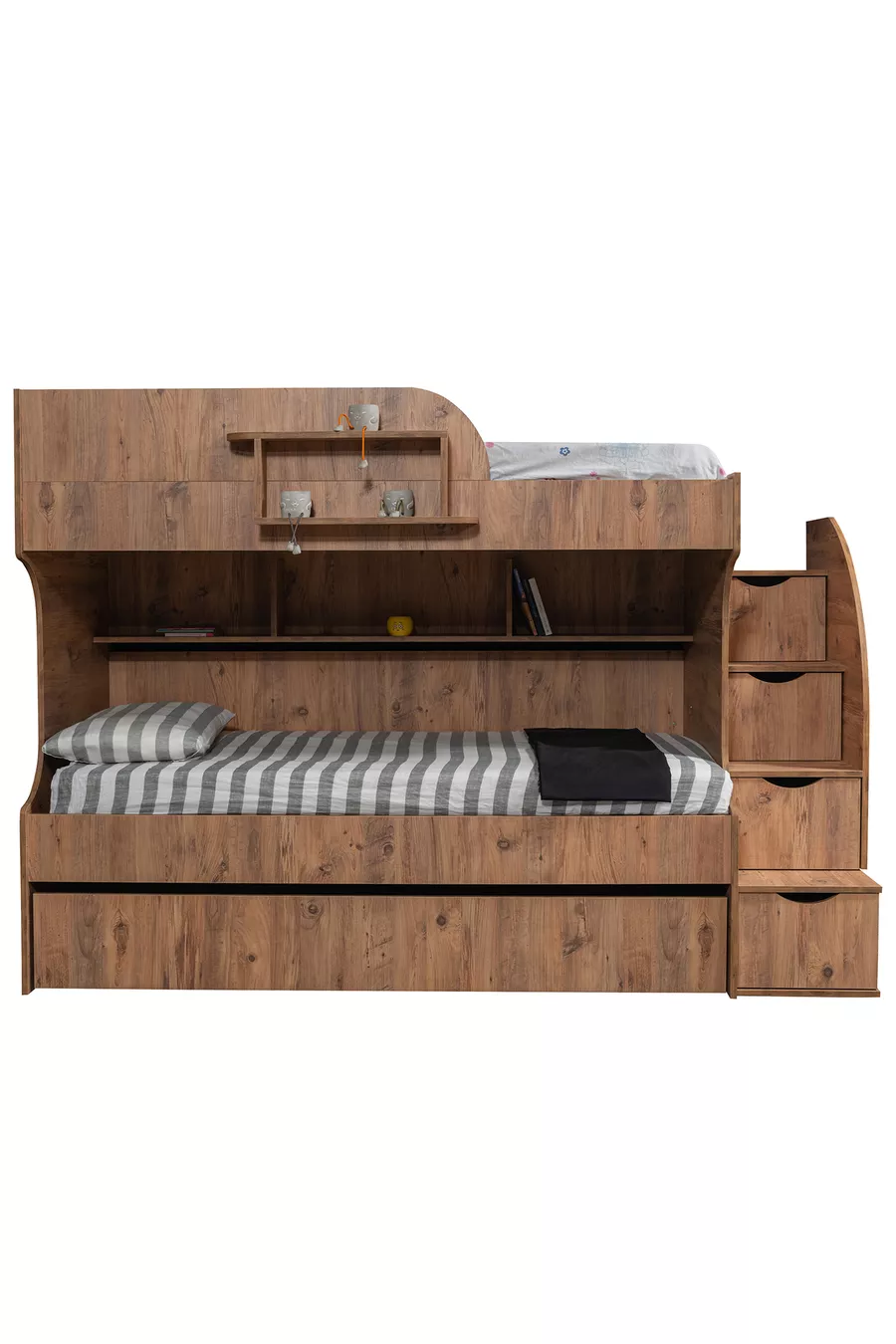 Lits superposés, Lit superposé Aura avec lit d'appoint et armoire 3 portes - Noyer