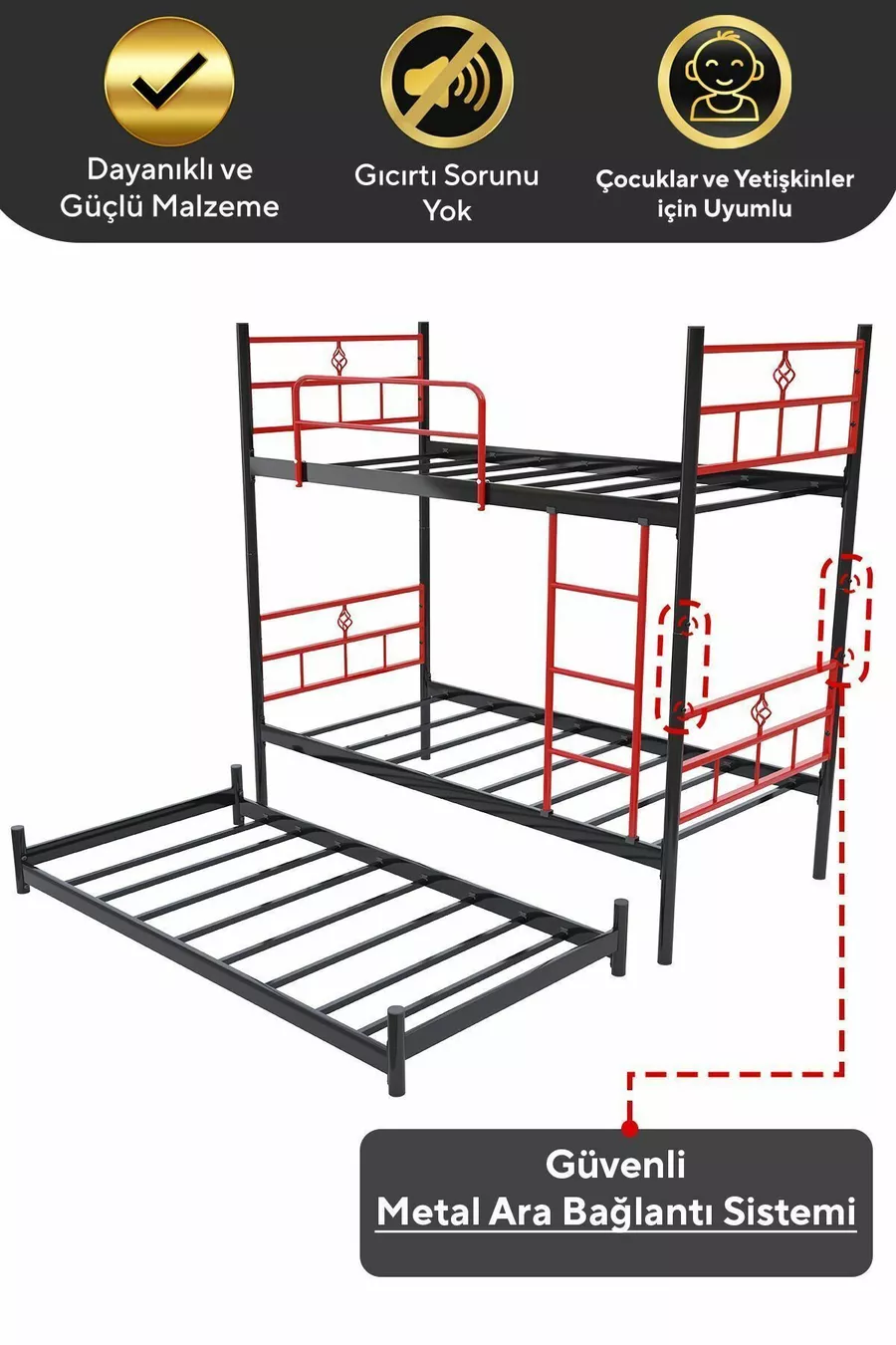 Lit superposé Koza avec tiroirs, compatible avec trois personnes, métal rouge