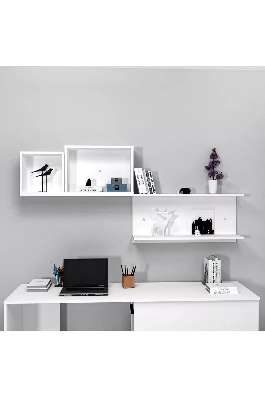 Chambre Jeune Akser Ensemble 4 pièces – Blanc (Bureau, Lit, Armoire, Étagère murale)