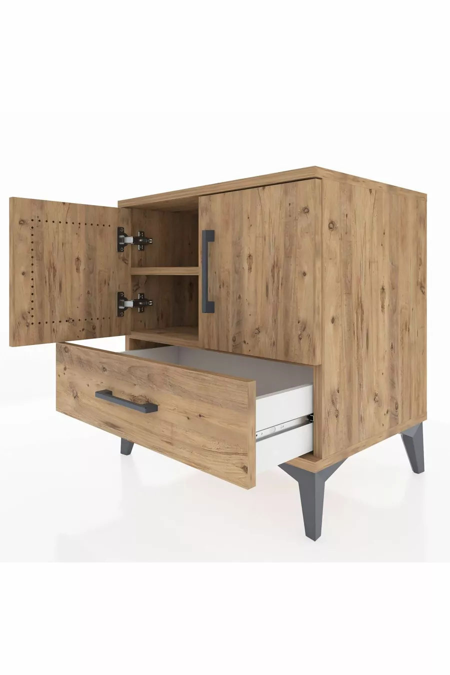 Table de chevet Hyperion avec 2 étagères, 1 tiroir et 2 portes, pin-pin