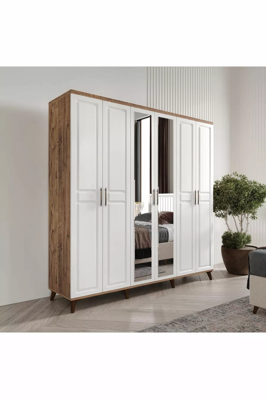 Ensemble de chambre à coucher complet en MDF Sport avec 6 portes, pin atlantic-blanc (avec sommier)