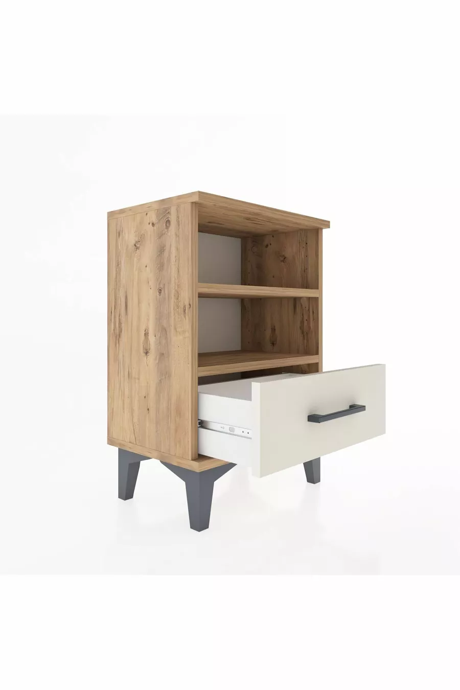 Table de chevet Arges à 2 étagères et 1 tiroir en pin-onyx