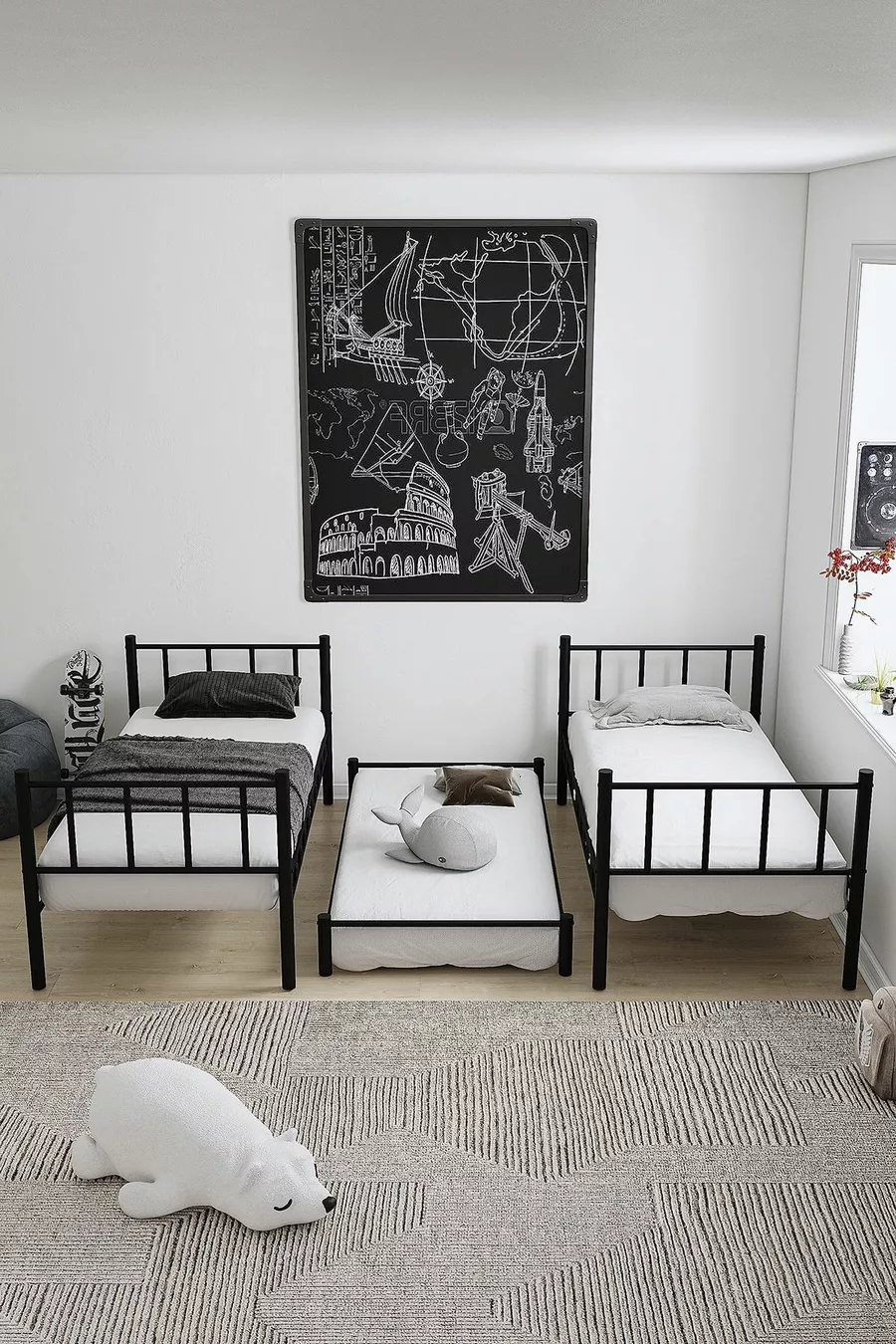 Chambre d'enfant pour jeunes avec lits superposés et lit métallique Zambak Yavrulu Noir