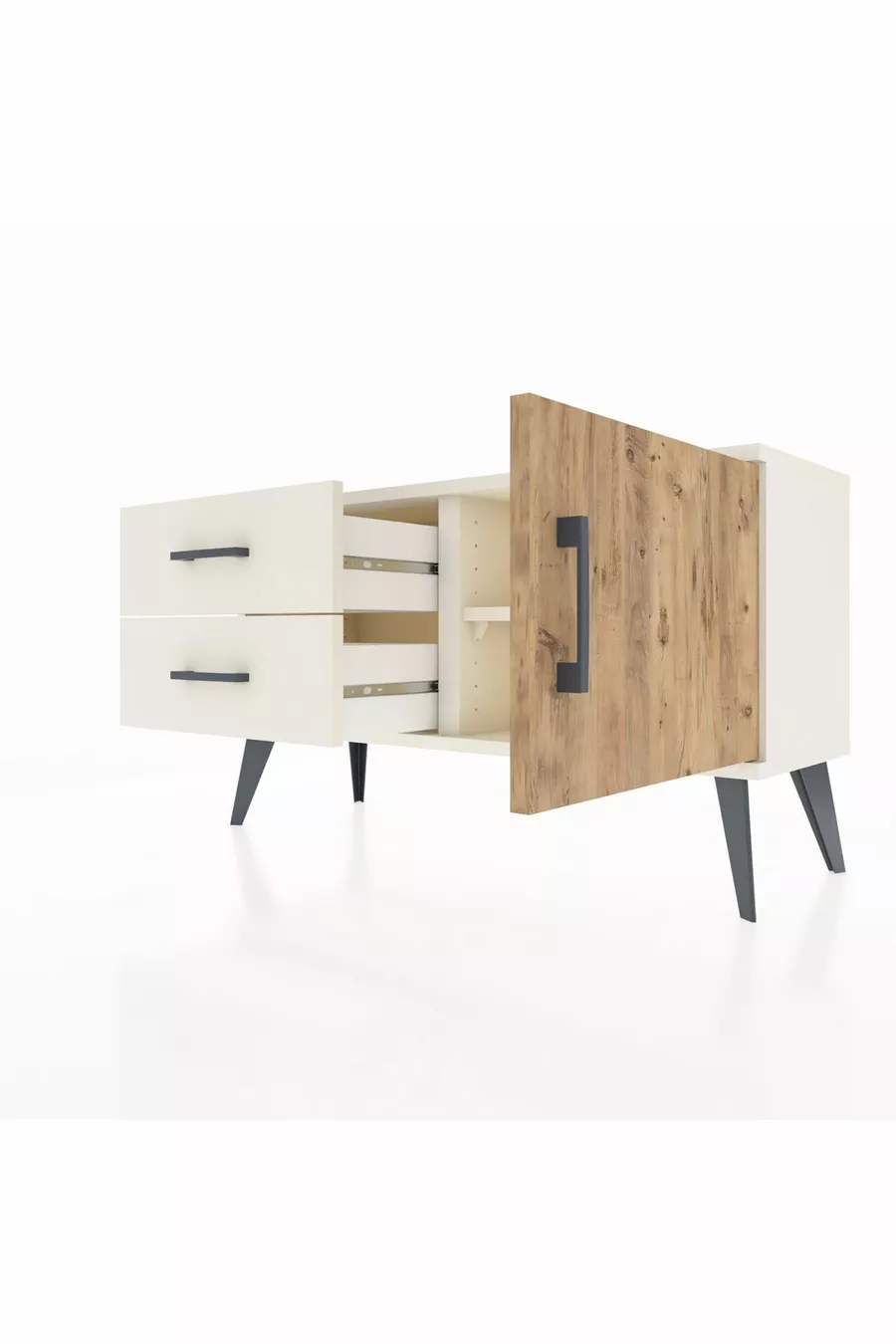 Commode Arges avec une seule étagère, 2 tiroirs et une porte, couleur Pierre de lune-Sapin/Pierre de lune