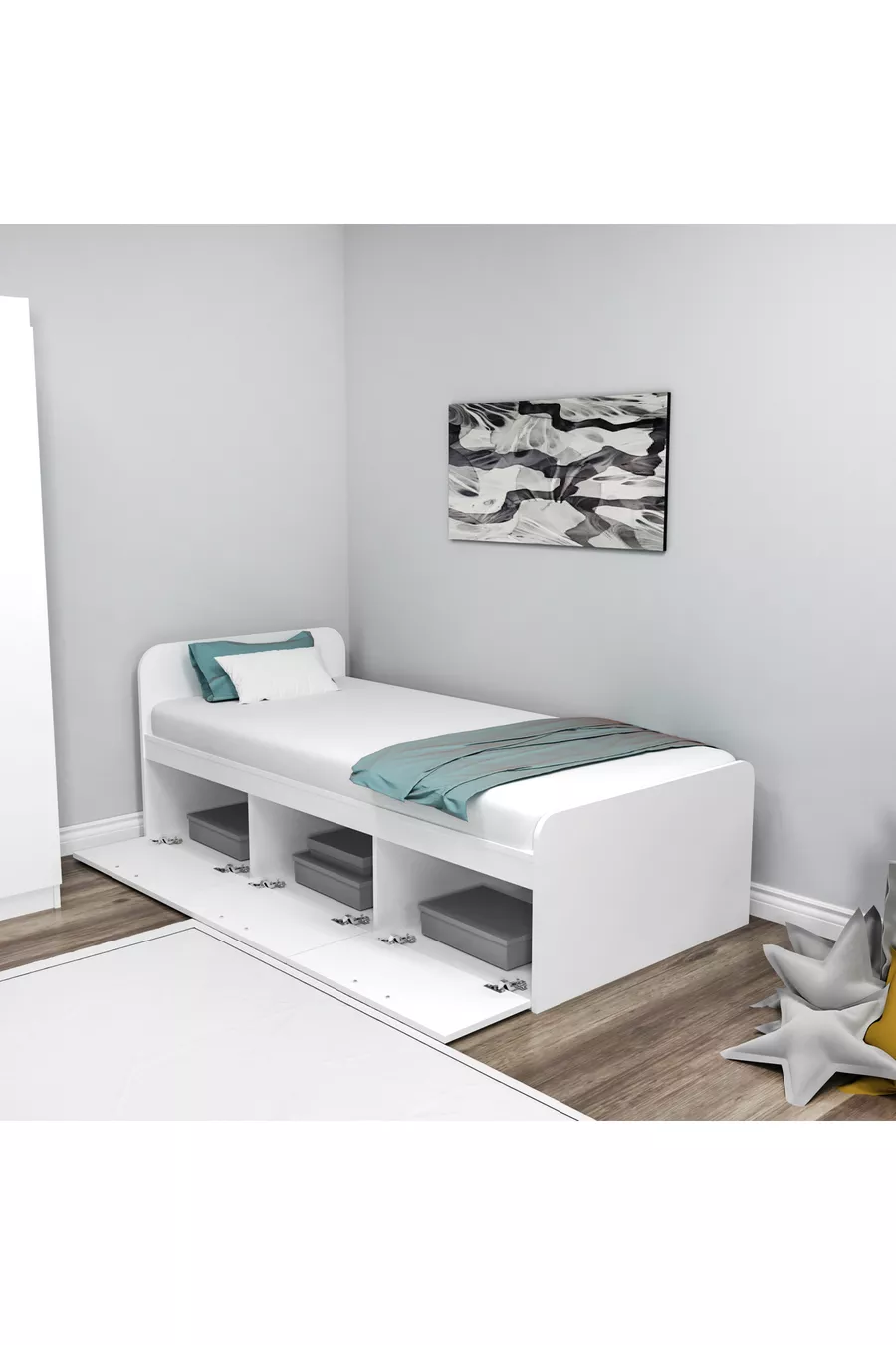 Lit Cadre Akser Blanc – Compatible avec Lit Simple, Lit Pour Jeune Avec Armoire