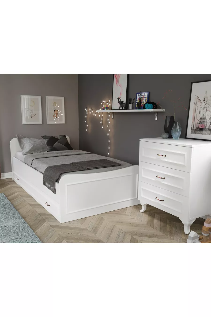 Ensemble de chambre Country - Lit avec tiroirs, Armoire à 2 portes, Commode à 3 tiroirs, entièrement en MDF