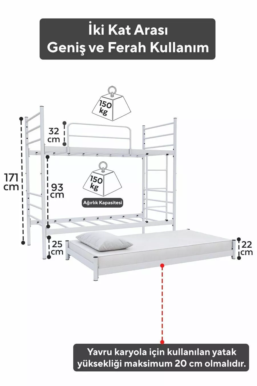 Lit superposé Trend avec couchette, compatible pour 3 personnes, lit en métal blanc
