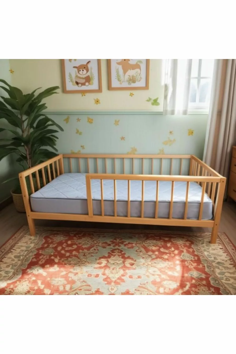 Lit pour enfant rond à lattes en bois massif naturel sur pieds, dimensions cm X cm