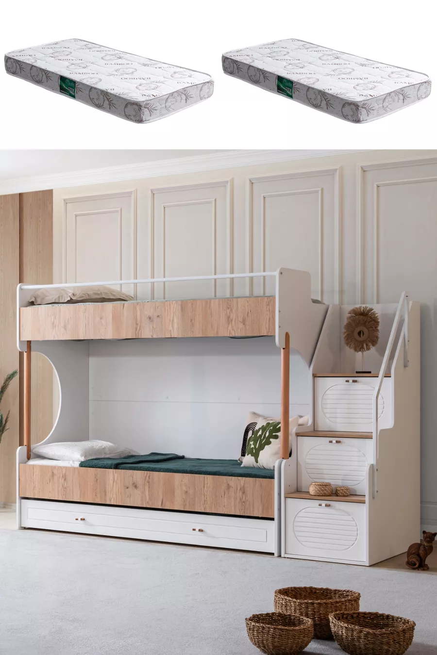 Lit superposé Ranza, noix Vita Bohem avec tiroirs + 2 matelas Comfort