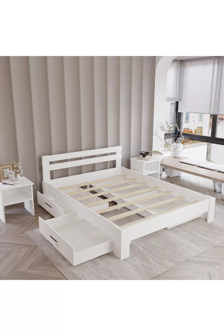 Lit en MDF avec 4 tiroirs | Compatible avec lit simple et double, installation facile