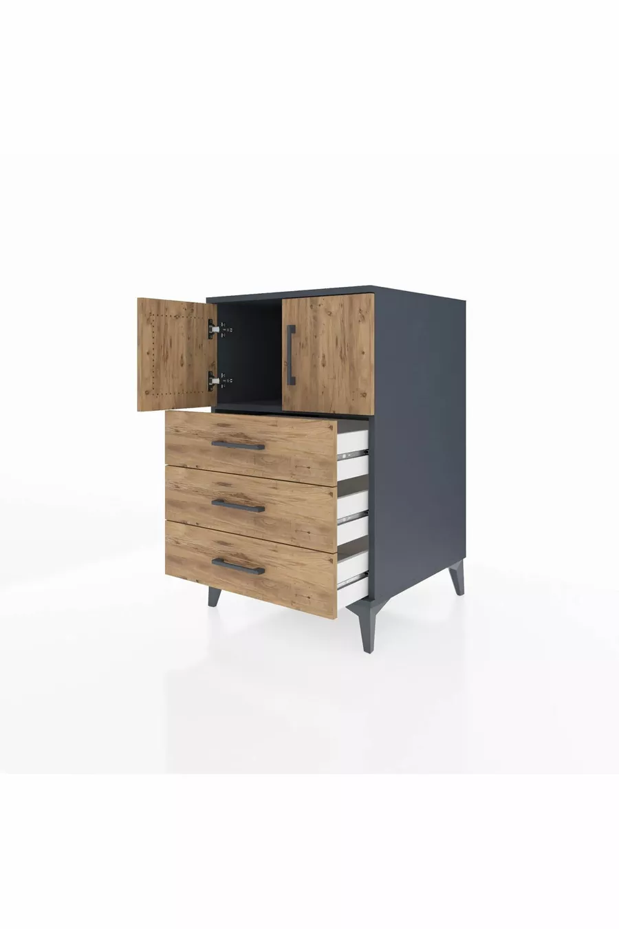 Table de chevet Kronos avec une étagère, 3 tiroirs et 2 portes, anthracite-pin