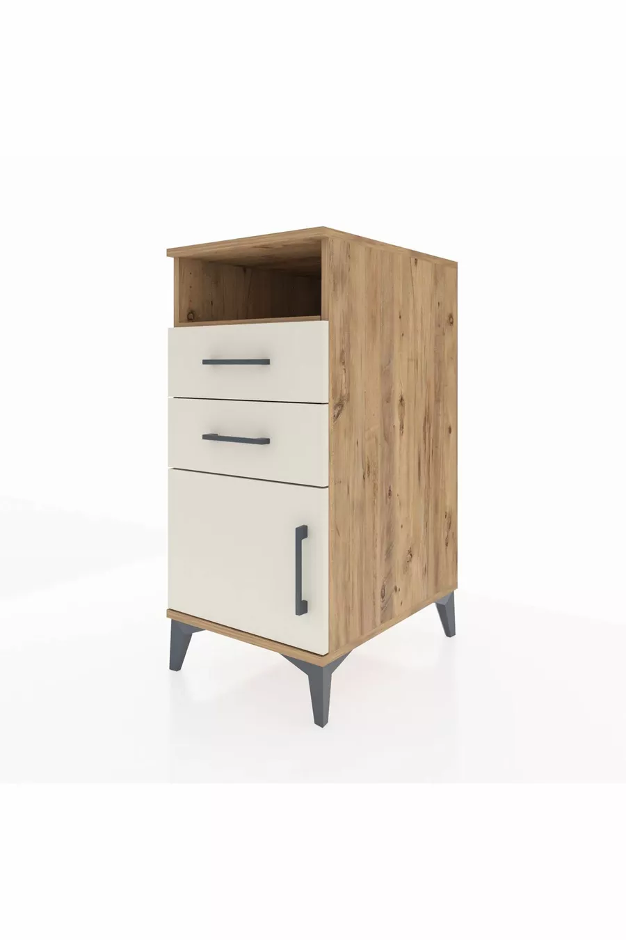 Table de chevet Kronos avec une étagère, 2 tiroirs et une porte, pin-gris