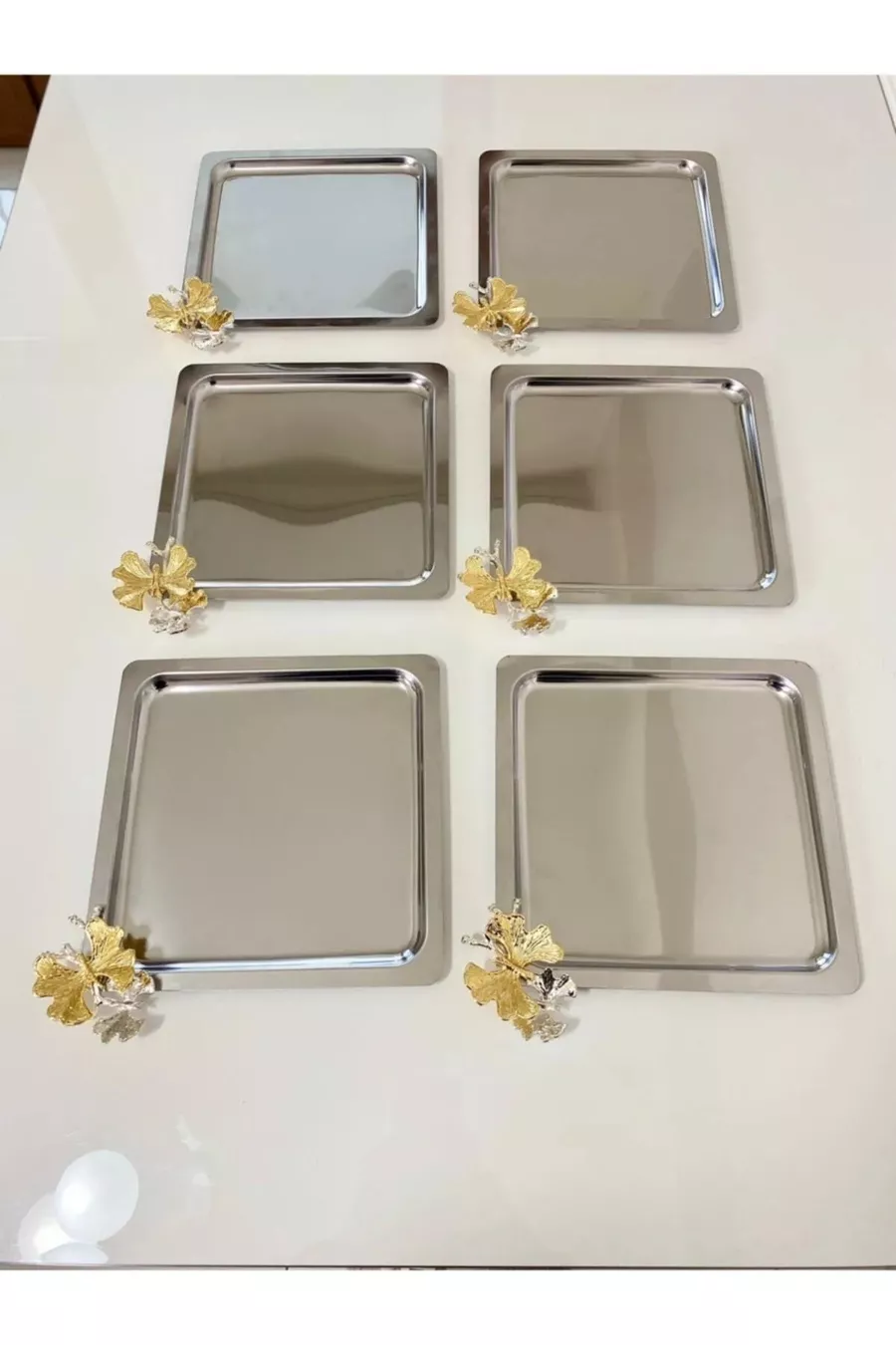 Plateau de service décoratif en acier inoxydable 6 pièces avec accessoires papillon, pour café, thé, argent et or jaune de luxe