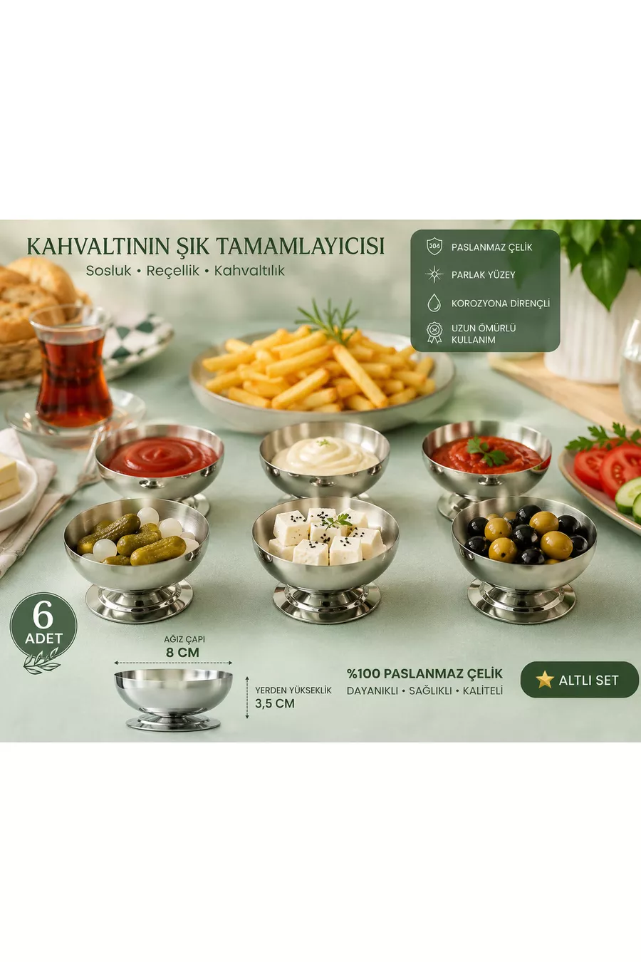 Set de 6 Bols de Présentation en Acier Inoxydable avec Pied de 8 cm | Pour Confiture, Sauce, Fruits Secs, Petit Déjeuner, Mezze, Cornichons, Présentation, Cadeau
