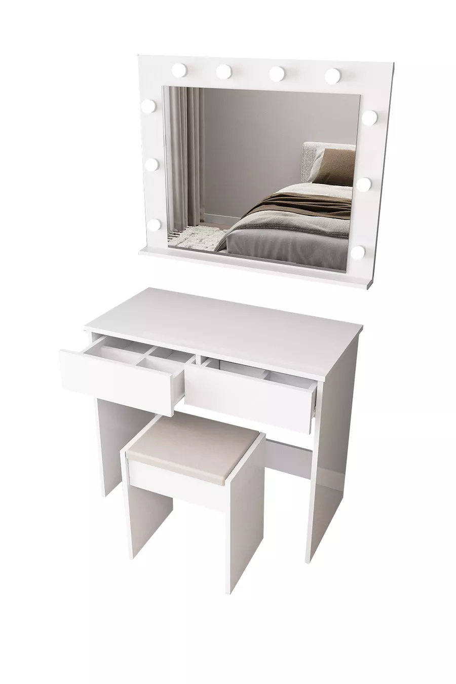Coiffeuse avec miroir et éclairage LED, tabouret, tiroirs compartimentés pour cosmétiques