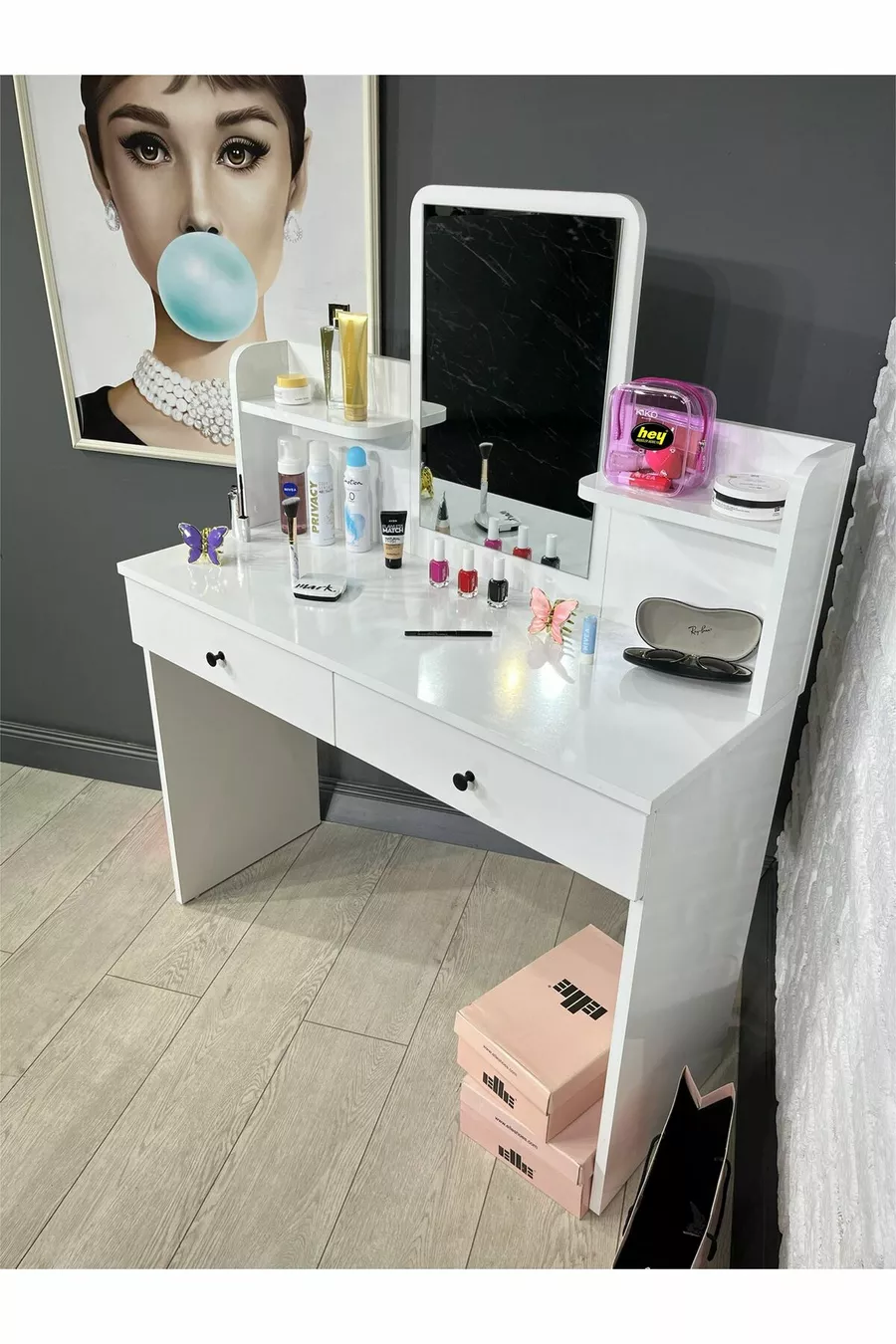 Coiffeuse avec miroir, table de toilette avec 2 tiroirs, organiseur de bijoux et étagère, blanc, cm