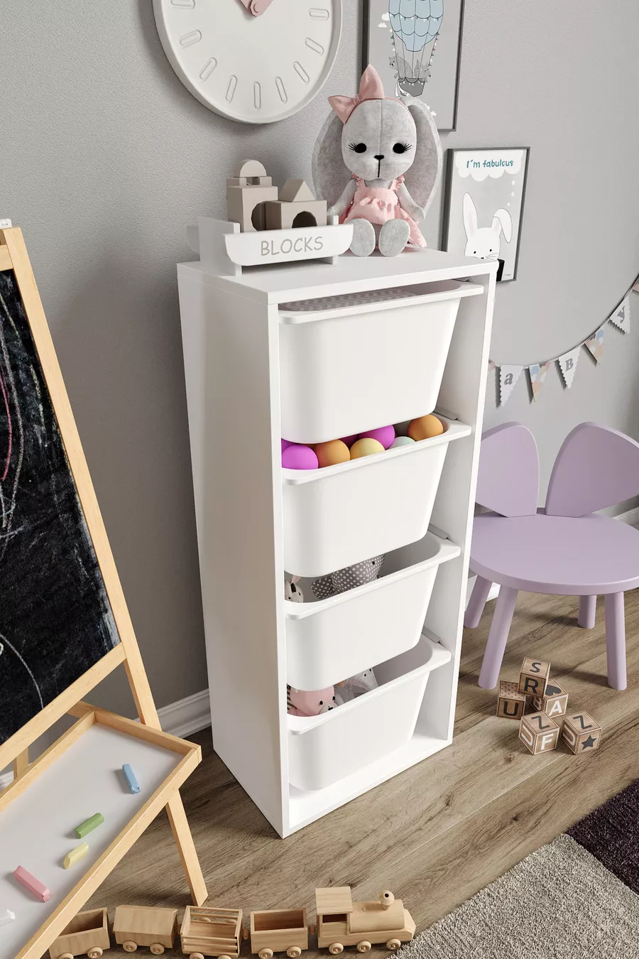% MDF - Grand Armoire de Jouets Mono 4 avec 4 Grands Paniers
