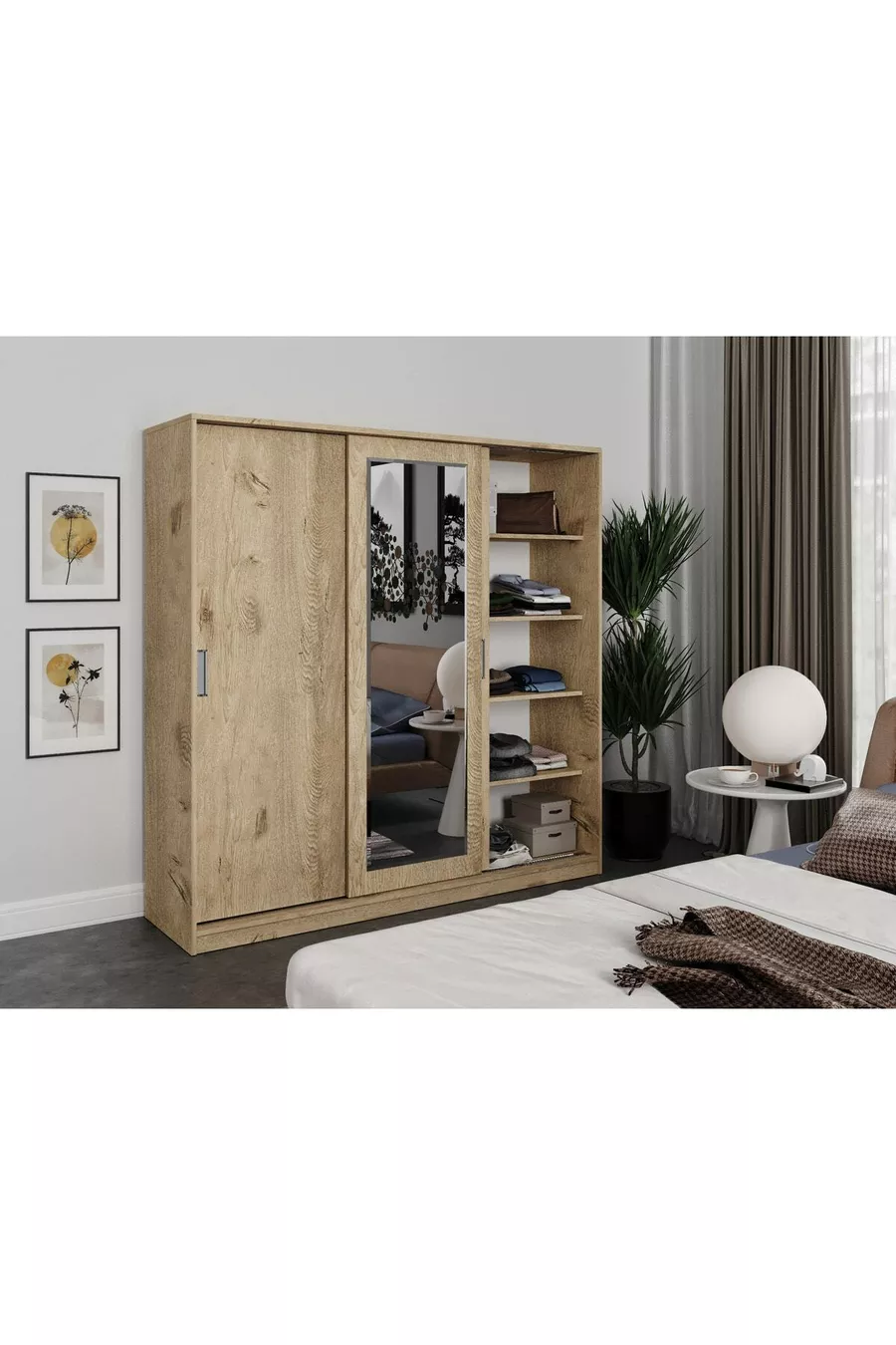 Armoire à vêtements avec miroir coulissant à 3 portes Samira - MDF chêne intégral