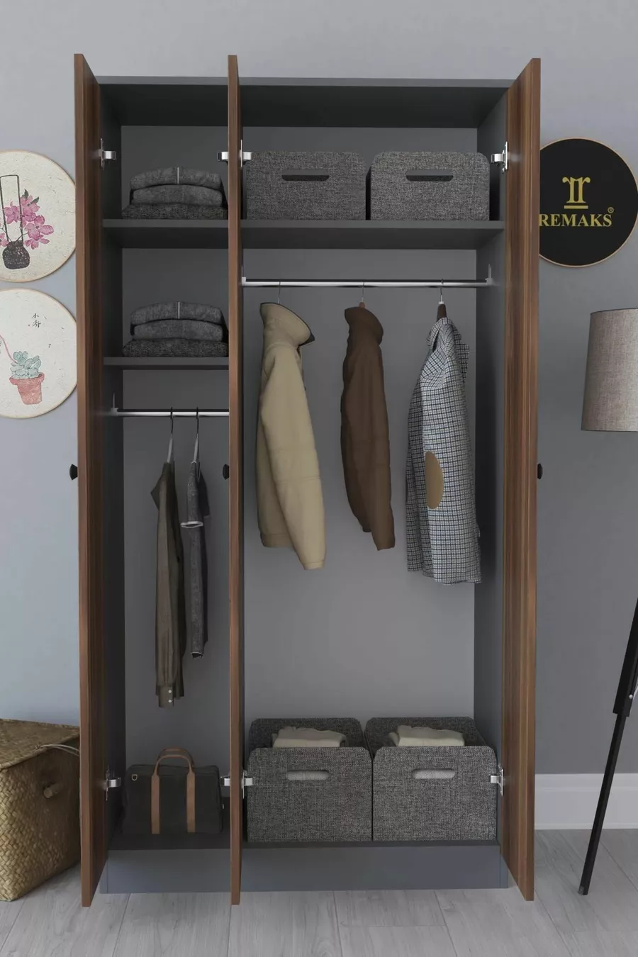 Armoire à vêtements Fuga 3 portes - Corps anthracite, portes en noyer