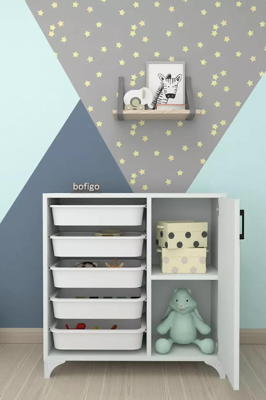 Armoire à 5 paniers, armoire polyvalente, armoire à jouets Kayra blanche