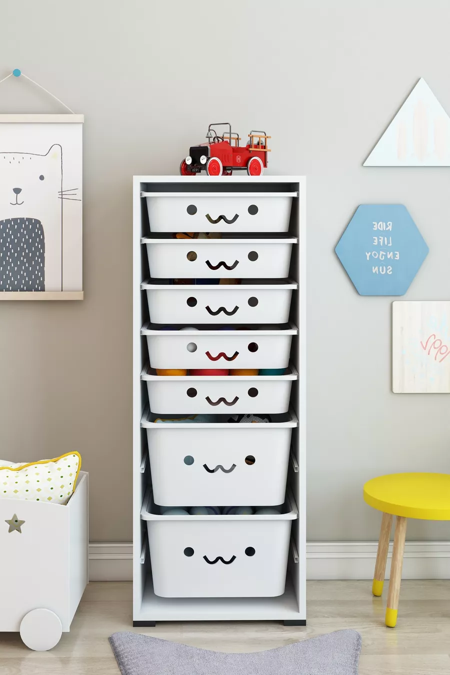 Armoire à jouets KIDS 7 avec 7 paniers et décorations souriantes Boîte de rangement pour jouets