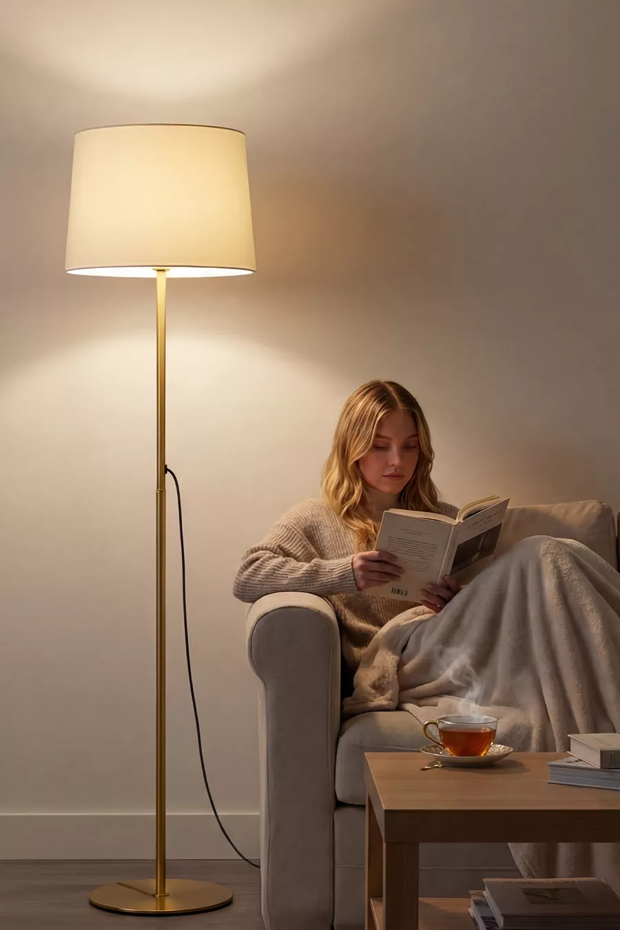 Lampadaire en métal à pied doré avec abat-jour crème Cora patiné pour salon, chambre à coucher & salle de séjour