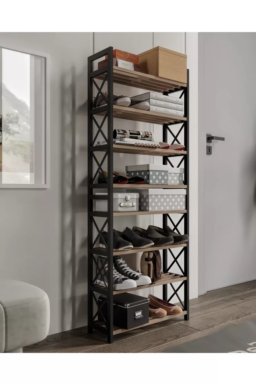 ORGANISEUR DÉCORATIF ÉTAGÈRE À CHAUSSURES MASSIF EN BOIS ET PLASTIQUE 8 NIVEAUX
