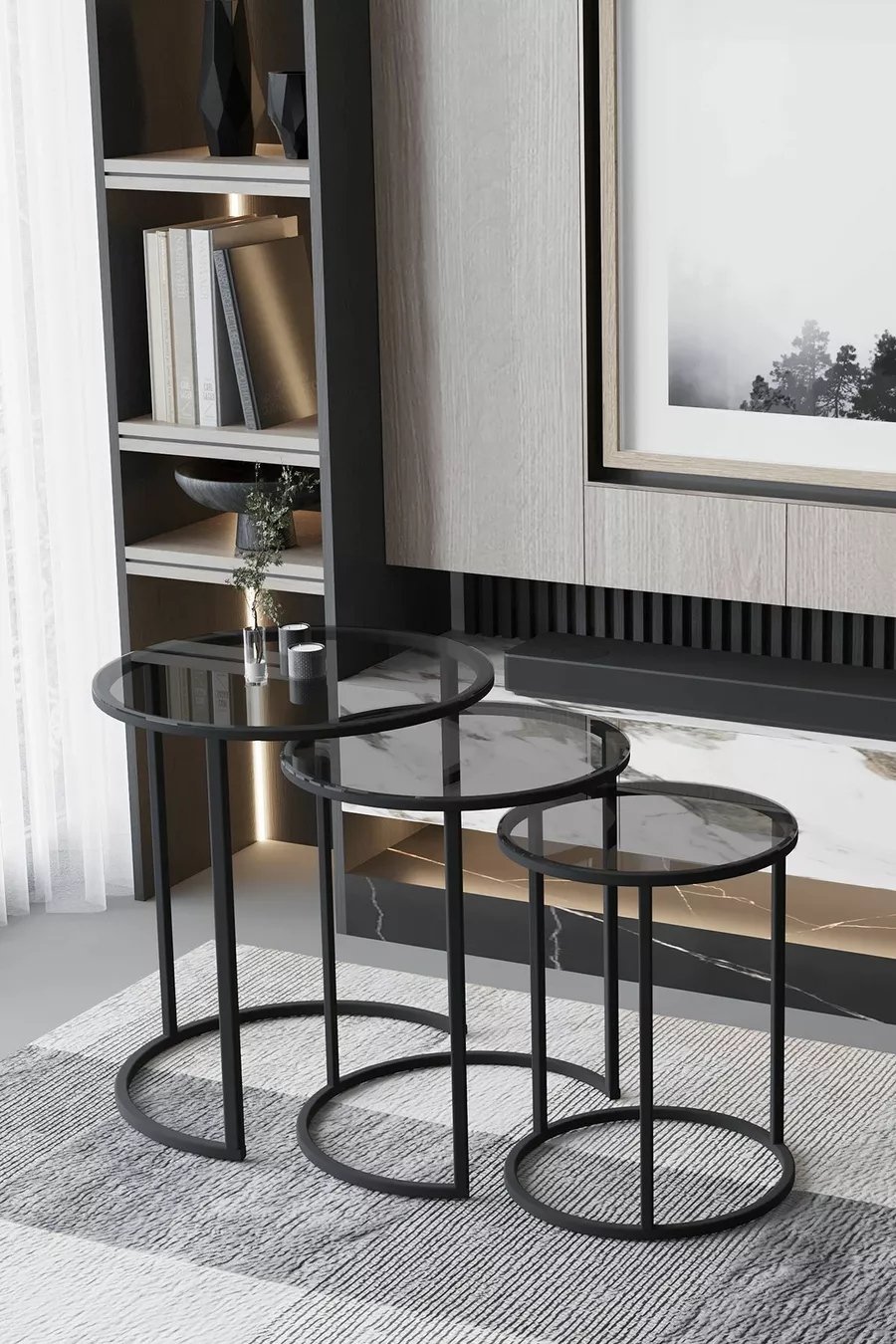 Table d'appoint en Z C Métal Noir - Verre Fumé Transparent