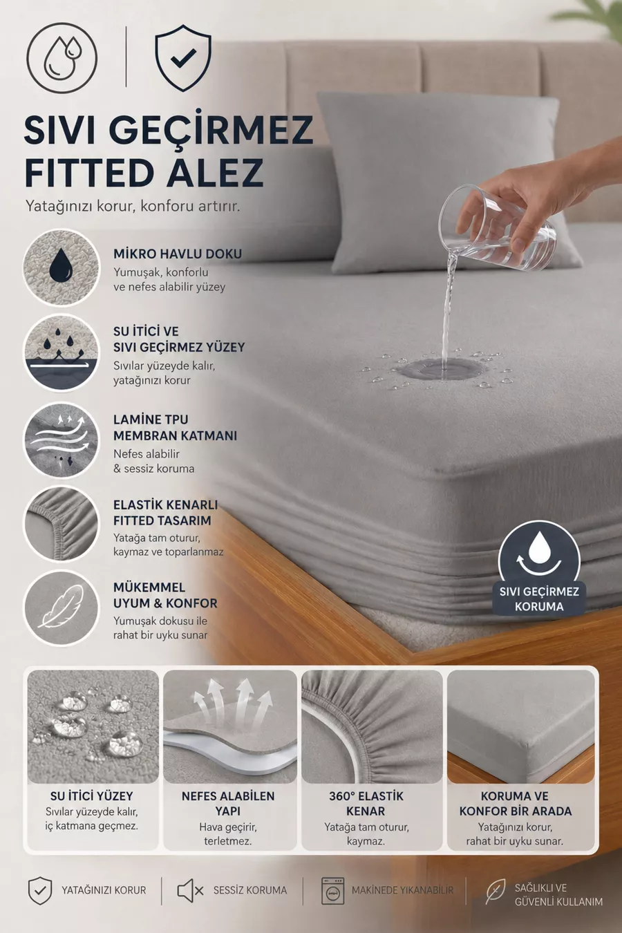 Protege-matelas imperméable à liquides gris classique en microfibre, ajusté, bord complet, pour bébé - simple, double, grand lit