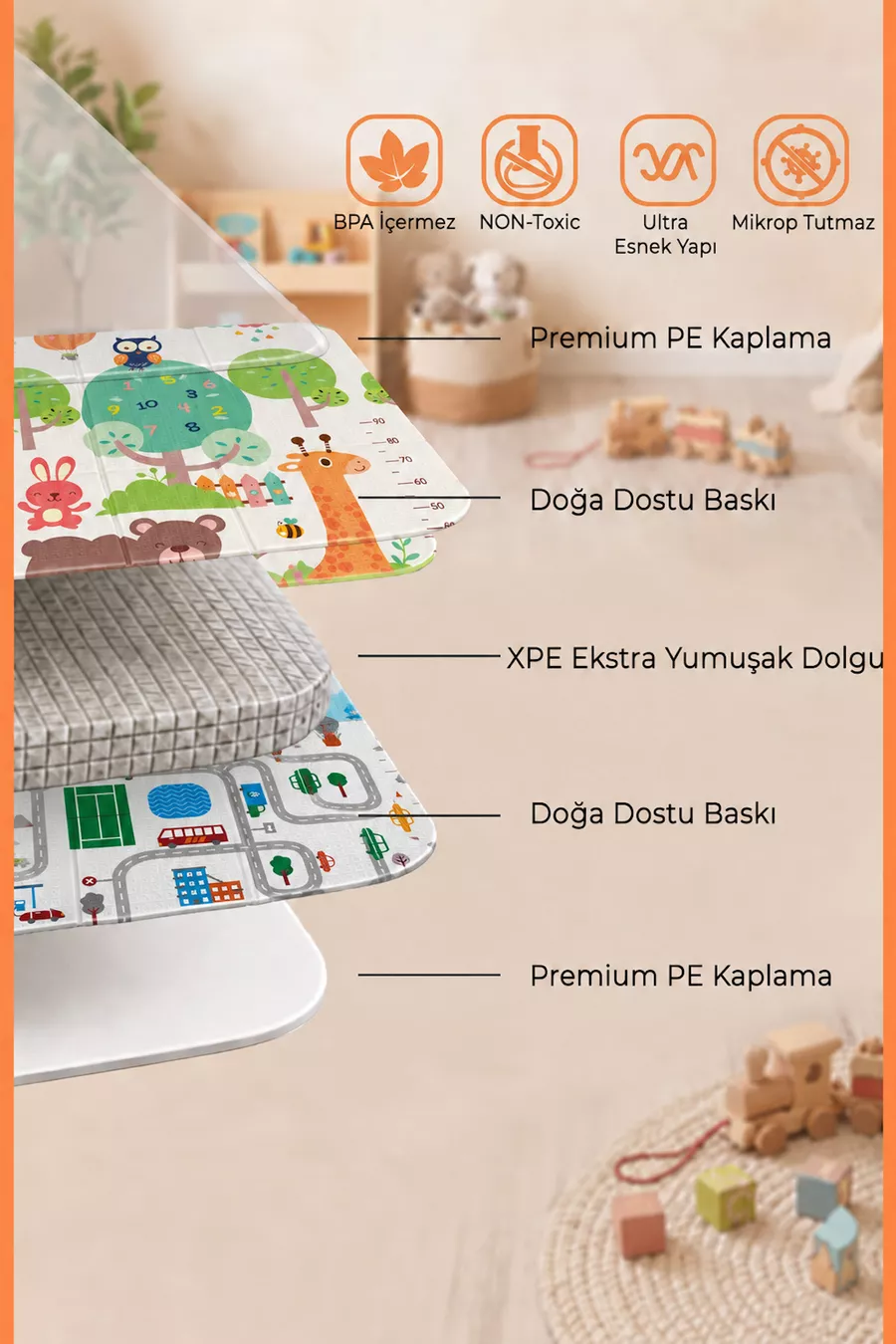 Tapis de jeu pour bébé et enfant réversible pliable Best Friends – Tapis de jeu éducatif, avec sac de transport