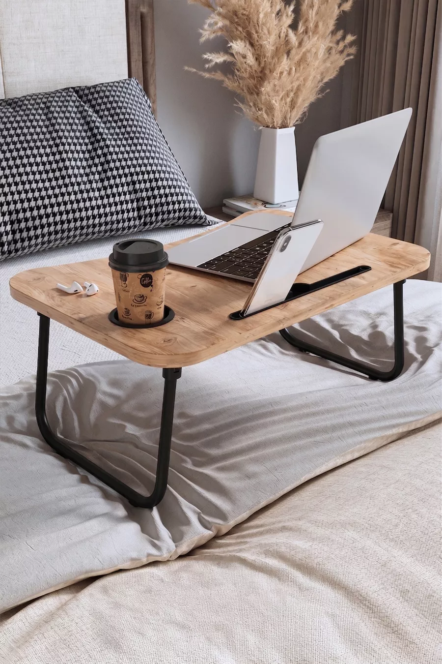 Table pliante portable pour ordinateur portable avec support pour tablette et téléphone, en pin