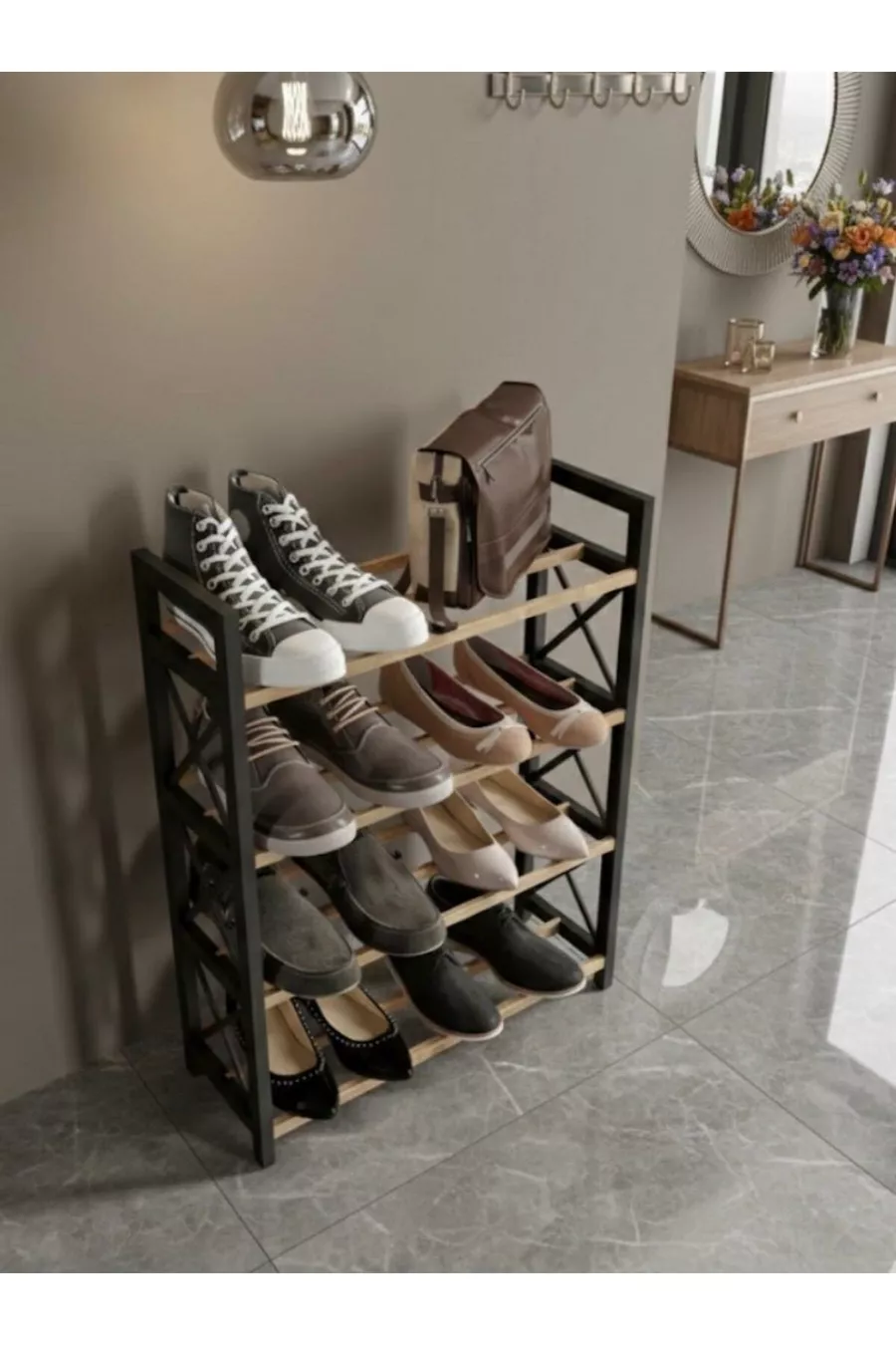 MEUBLE À CHAUSSURES DÉCORATIF EN BOIS MASSIF AVEC 3 BARRES ET 4 ÉTAGES (PAS EN MDF, le MDF se casse facilement !!!)