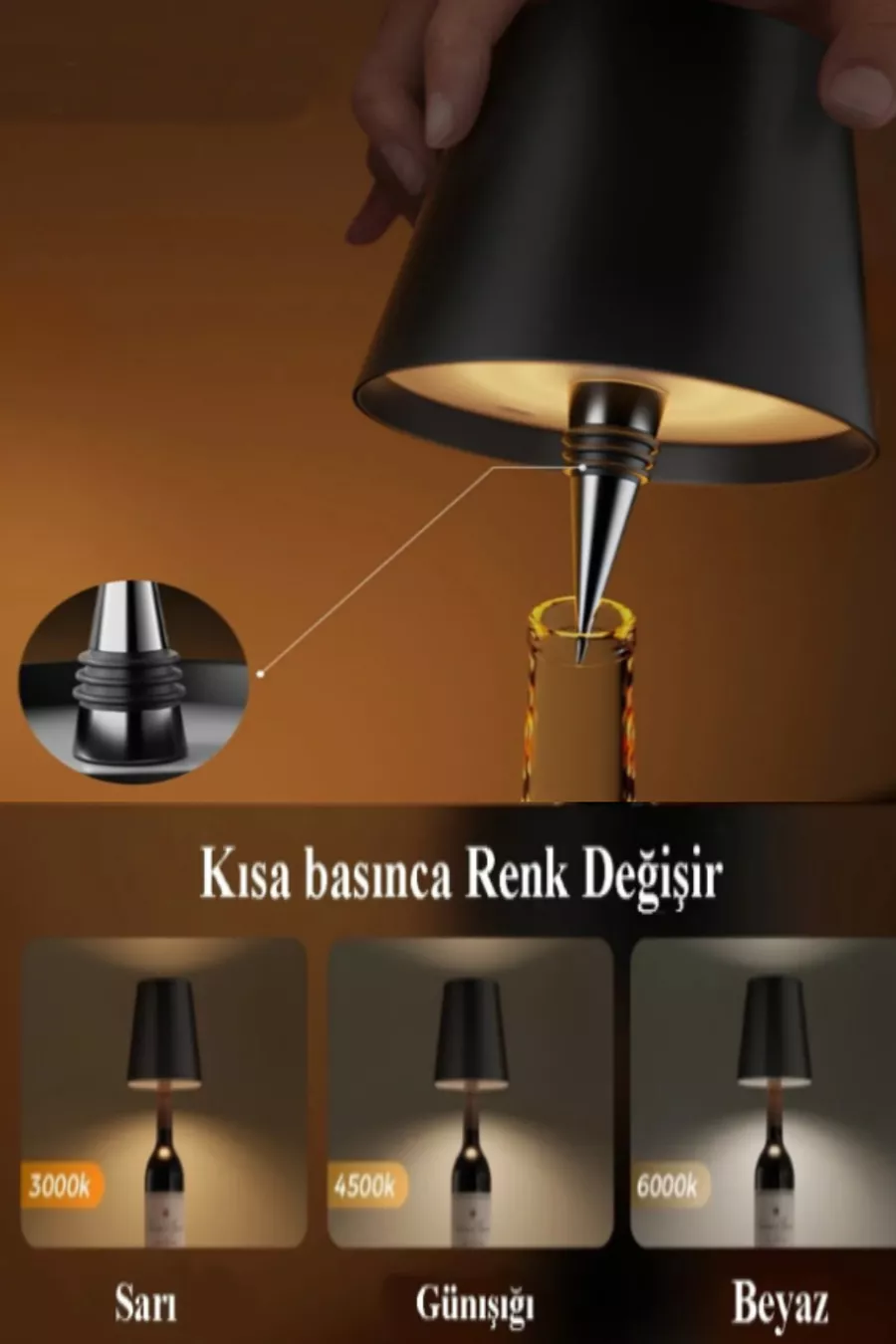 Lampe pour Bouteille de Vin Rechargeable Magnétique – 3 Modes de Couleur / Lampe Intelligente à Poser sur la Bouteille