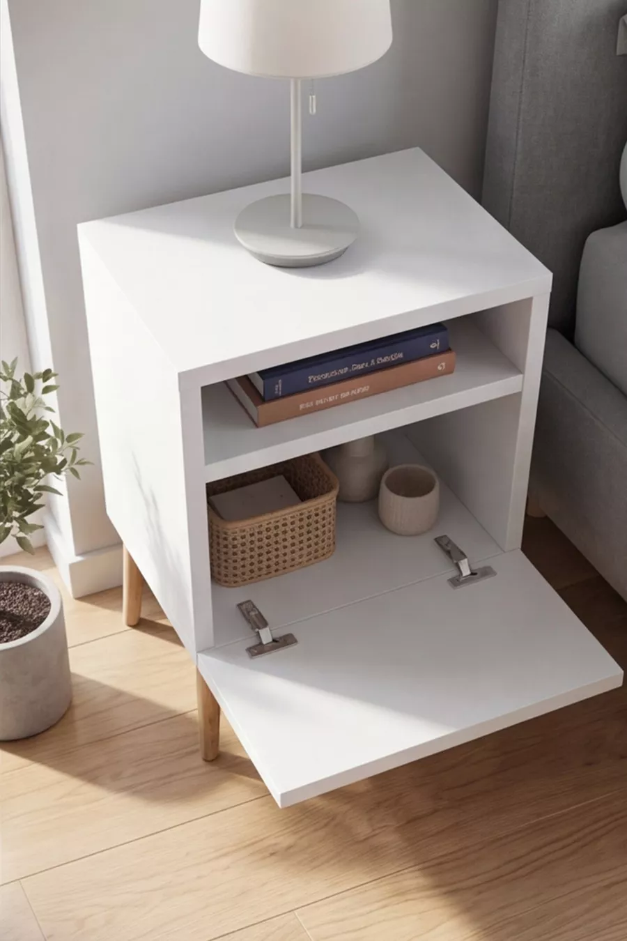 Commode moderne blanche avec pieds en bois, commode de chambre à coucher, commode pour chambre de bébé, commode pour chambre d'adolescent, commode avec étagères, table de chevet, commode moderne scandinave