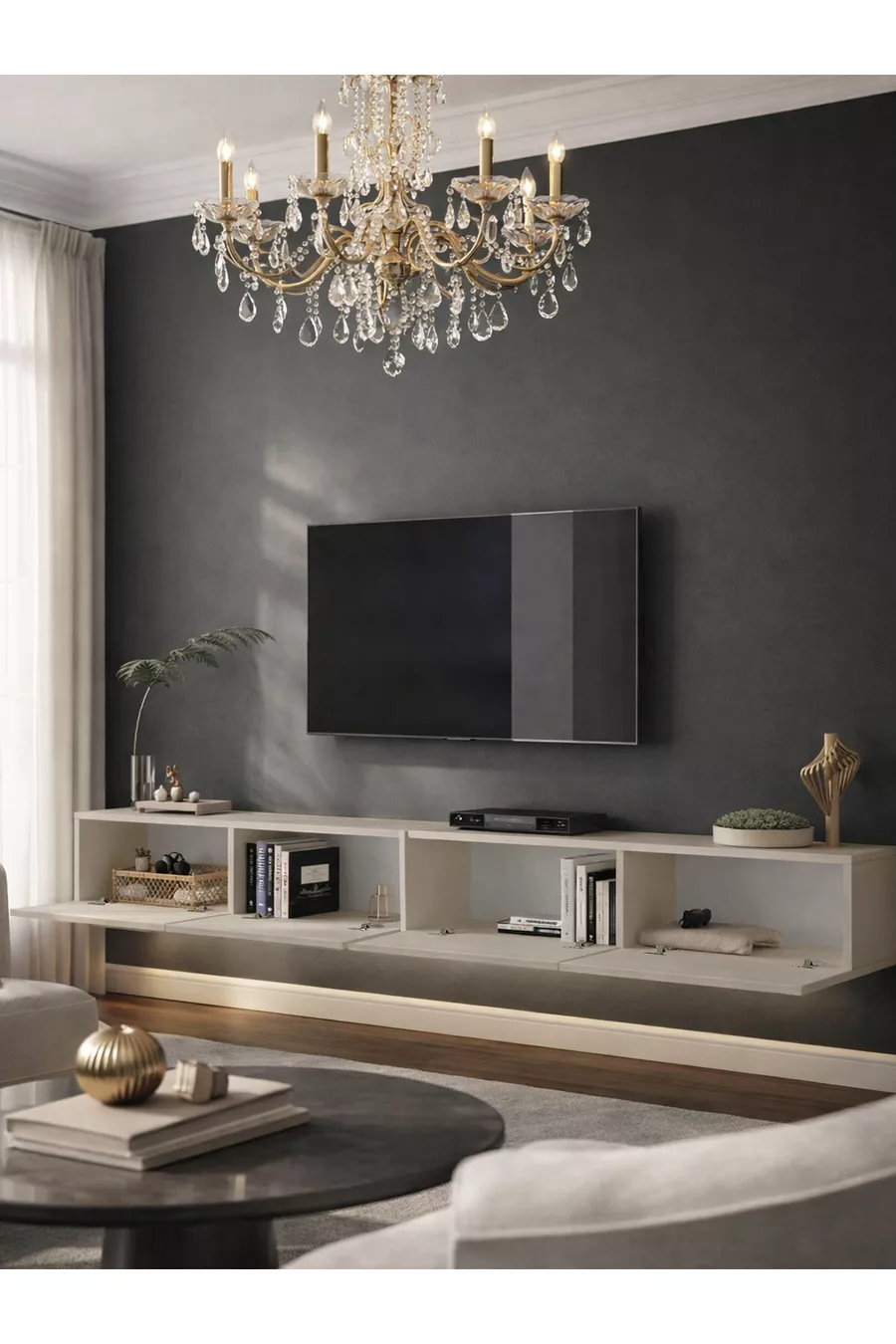 Meuble TV avec LED & Unité, Unité TV Murale Sable  cm | Homeros