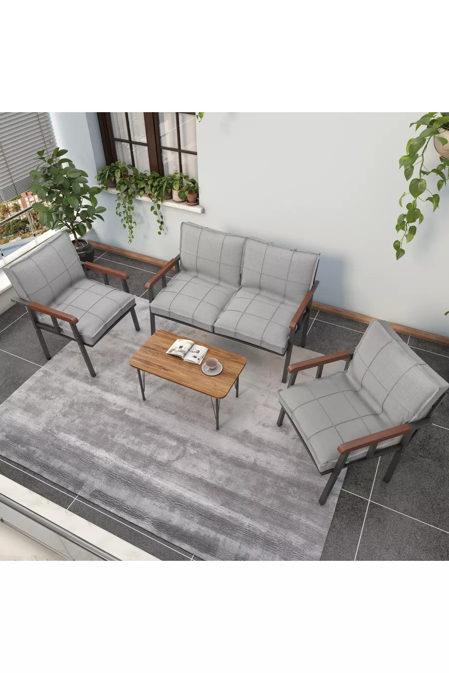 Série « Modern » Balcon, Jardin, Café - Ensemble Canapé en Métal 2 1 1 avec Table Offerte - Gris Clair