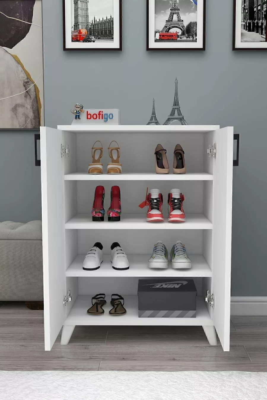 Armoire à chaussures polyvalente à 4 étagères et 2 portes, Armoire à chaussures Ceren Blanche